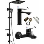3'lü Full Lüx Set Robot - Sabit Banyo Lavabo Bataryası - Banyo Duş Bataryası Musluğu - Siyah