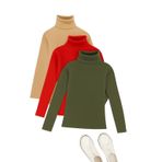 3'lü Paket Kadın Basic Tam Balıkçı Yaka Kazak (Bej-Kırmızı-Haki)
