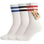 3'lü Paket Unisex Çizgili Retro Spor Tenis Çorabı – Saf Pamuk, Nefes Alabilir & Yumuşak – Beyaz Zemin Üzerine Siyah, Kırmızı ve Mavi Çizgili Spor Çorap (36-40, MULTICOLOR, 36-40)