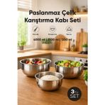 3'lü Paslanmaz Çelik Karıştırma Kabı Seti - 1200-2500-4000 ml Metal Kase Takımı