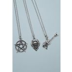 3'lü Pentagram Kuru Kafa Gitar Diablo Kalkan Gümüş Kaplama Kolye Seti