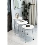 3'lü Sekizgen Zigon Sehpa Seti - Gümüş Metal Ayaklı, Modern & Şık Yan Sehpa, Dayanıklı Salon Ofis - Beyaz