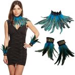 3'lü set gotik tüy, tüy manşetli omuz silkme, tüylü yaka, karga, cadı, rahibe kostümü, horoz tüyü, bileklik, tüy etek, kostüm, cadılar bayramı, karnaval, maskeli balo, kostümlü oyun için