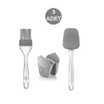 3'Lü Silikon Fırça - Spatula - Fırın Eldiveni ( Elcek - Tutaç) Gri