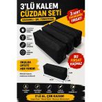 3’Lü Su Geçirmez İmperteks Kumaş Kalemlik Seti Siyah Büyük Kapasiteli Fermuarlı Kalem Çantası 19X8x4 Cm