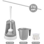 3’lü Wc Tuvalet Temzilk Seti, Klasik Wc Fırça Takımı + Maşrapa 1,5 Lt + Sessiz Wc Kapağı Seti Gri - 20 cm