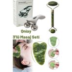 3’lü Yeşil Yeşim Taşı Masaj Seti, 3D Aleti ve Gua Sha Kaz Ayağı - Ahşap