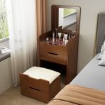 3'ü 1 arada Ceviz Tuvalet Masası LED Ayna ve Gizli Osmanlı Flip-top Makyaj Vanity Küçük Alanlar için Kompakt Başucu Depolama Dolabı Modern Entegre Tasarım 18 inç
