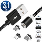 3'ü 1 Arada Manyetik Şarj Kablosu Seti iPhone iPad Samsung USB-C & Lightning 2.4A 100cm Siyah