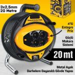 3x1,5mm 20 Metre Makaralı 4'lü Priz, Uzatma Kablo Grup Priz, Metal Ayaklı, Dörtlü Entegre Topraklı Monofaze Priz, Dayanıklı Gövde, Güçlü Metal Ayak - Sarı - Siyah
