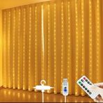 3X3 Metre Perde Led Işık, 300 Ledli 10 Sarkıtlı Dekoratif Led, Uzaktan Kumandalı 8 Fonksiyonlu, Usb Girişli Günışığı (Sarı) Duvar Perde A