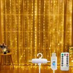 3x3 Metre Perde Led Işık, 300 Ledli 10 Sarkıtlı Dekoratif Peri Led, Uzaktan Kumandalı ve 8 Fonksiyonlu, USB Girişli Günışığı (Sarı) Duvar ve Perde Aydınlatması