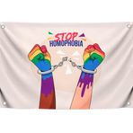 3x5 Feet Çok Renkli Kelepçeli Eller Alıntı Bayraklar İki Pirinç Halkalı "Stop Homophobia" - Dekorasyon Kolej Yurt Odası Çocuklar için Komik Duvar Bayrakları - İç ve Dış Mekan için LGBT Duvar Halısı