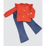 4-5-6 Yaş Kot Pantolonlu Flamingo Desenli Penye Sweat Uzun Kollu 2li Kız Çocuk Takımı - 5 Yaş - Kırmızı