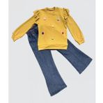 4-5-6 Yaş Kot Pantolonlu Flamingo Desenli Penye Sweat Uzun Kollu 2li Kız Çocuk Takımı Hardal