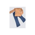 4-5-6 Yaş Kot Pantolonlu Flamingo Desenli Penye Sweat Uzun Kollu 2li Kız Çocuk Takımı - Kahverengi - 4 Yaş