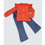 4-5-6 Yaş Kot Pantolonlu Flamingo Desenli Penye Sweat Uzun Kollu 2li Kız Çocuk Takımı Kırmızı