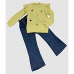 4-5-6 Yaş Kot Pantolonlu Flamingo Desenli Penye Sweat Uzun Kollu 2li Kız Çocuk Takımı - Sarı - 4 Yaş