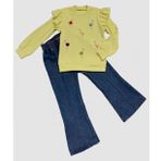 4-5-6 Yaş Kot Pantolonlu Flamingo Desenli Penye Sweat Uzun Kollu 2li Kız Çocuk Takımı Sarı