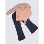 4-5-6 Yaş Kot Pantolonlu Kiraz Desenli Penye Sweat Uzun Kollu 2li Kız Çocuk Takımı Pudra