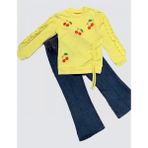4-5-6 Yaş Kot Pantolonlu Kiraz Desenli Penye Sweat Uzun Kollu 2li Kız Çocuk Takımı - Sarı - 4 Yaş
