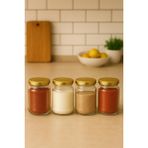 4 Adet 105 ml Baharatlık Mama Şekerleme Çok Amaçlı Metal Kapaklı 105 Cc Kısa Cam Kavanoz (Gold)