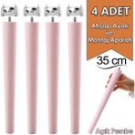 4 Adet Ahşap Ayak 35 Cm Açık Pembe M8 Civatalı Bağlantı Aparatlı Mobilya Tabure Sehpa Masa Destek Ayağı