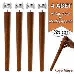 4 Adet Ahşap Ayak 35 cm Koyu Meşe M8 Civatalı Bağlantı Aparatlı Mobilya Tabure Sehpa Masa Destek Ayağı