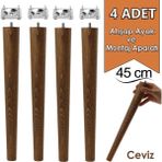 4 Adet Ahşap Ayak 45 cm Ceviz M8 Civatalı Bağlantı Aparatlı Mobilya Tabure Sehpa Masa Destek Ayağı
