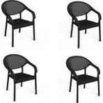 4 Adet Bambu Plastik Rattan Bahçe Balkon Teras Sandalyesi Gizli Metal Profil Ayaklı Kollu Sandalye Bahçe Koltuk (Siyah)