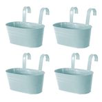4 adet Metal Demir Oval Asılı Saksılar - Bahçe, Çit, Ev ve Masa için Çıkarılabilir Kancalı Balkon Saksıları - İç ve Dış Mekan Dekoru için Şık Mavi Çiçek Tutucuları