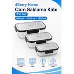4 Berry 3’lü Dikdörtgen Cam Saklama Kabı Seti 640 ml + 1040 ml + 1520 ml İnoks Kapaklı Kilitli Yemek Kabı