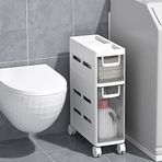 4 hareketli şeffaf çekmeceli dar küçük banyo alt dolabı. Tekerlekli dar, yüksek, ince alt dolap. Çekmece arabası, saklama kulesi, saklama kutusu