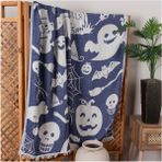 4 Kat Müslin Pike Tek Kişilik %100 Pamuklu Jakarlı Yatak Örtüsü Tv Battaniyesi 140X200 Halloween - Lacivert