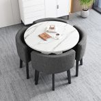 4 Kişilik 5 Parça Mutfak Masası Takımı, 4 Sandalyeli Yuvarlak Konferans Masası, Suni Mermer Desenli Üst ve 4 Döşemeli Koltuk, Modern Tarzda Yerden Tasarruf Sağlayan Mo,Dark Gray
