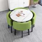 4 Kişilik 5 Parça Mutfak Masası Takımı, 4 Sandalyeli Yuvarlak Konferans Masası, Suni Mermer Desenli Üst ve 4 Döşemeli Koltuk, Modern Tarzda Yerden Tasarruf Sağlayan Mo,Green