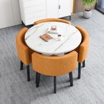 4 Kişilik 5 Parça Mutfak Masası Takımı, 4 Sandalyeli Yuvarlak Konferans Masası, Suni Mermer Desenli Üst ve 4 Döşemeli Koltuk, Modern Tarzda Yerden Tasarruf Sağlayan Mo,Orange