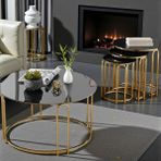 4 Lü Lenka Zigon Orta Sehpa Takımı Yuvarlak Gold Metal 3+1 - Siyah Aynalı Temperli Cam Zigon-Orta