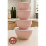 4 Lü Yuvarlak Kase Seti Pembe 1l, 1.5l, 2.3l, 3.3l Kapaklı Çok Amaçlı Mutfak Saklama Kabı Pembe