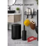 4 Parça Banyo Aksesuar Seti Yapışkanlı Duvar Rafı 5 Lt Çöp Kovası Tuvalet Fırça Siyah Titan 7104