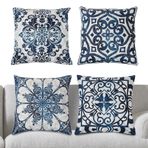 4 Parça Chinoiserie Yastık Kılıfı Seti, 45 x 45 cm Mavi ve Beyaz Porselen Tasarım Keten Kaplamalı, Görünmez Fermuar, Çinli Sanat Severler İçin Dekoratif Kılıf
