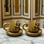 4 Parça Melekli Yaldızlı 3D Kabartmalı El Yapımı Seramik Vintage Kahve Fincanı - Kahverengi