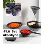 4 Parça Mutfak Seti Katlanır Süzgeç Seti Gri - 4’lü Badya Süzgeç Akordiyon Huni Seti - Seçenek 1 - Antrasit