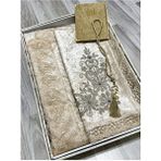 4 Parça Seccade Takımı Çeyizlik Bohça Kutulu Kadife Güpürlü Gelin Damat Seti - 70 x 120 cm - Kahverengi