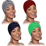 4 Parça Streç Polyester Türban Başlıklı Bere Örtüsü Bükümlü Şapka Kadın Kız Çocuk için, Lacivert, Kahve, Yeşil, Koyu Gri, Tek Beden