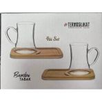 4 Parça Termosilikat Çay Seti Bambu Tabak