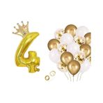 4 Rakam Gold Folyo Balon, Kral Tacı Ve Konfetili Gold Balon