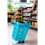 43 LT Tekerlekli Market Sepeti | Plastik Alışveriş Sepeti Ergonomik Çift Saplı Turkuaz