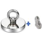 48 mm Çap Güçlü Halkalı Neodyum Pot Mıknatıs - Fishing Magnet Kanca Kurtarma Mıknatısı + 10 Metre Halat - 1 Adet - Gümüş