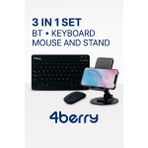 4Berry 3’lü Set – Bluetooth Klavye + Kablosuz Mouse + Telefon/Tablet Standı – Taşınabilir ve Şık Tasarım - Siyah - Kahve
